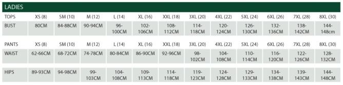 Kaiwaka Size Chart- Ladies