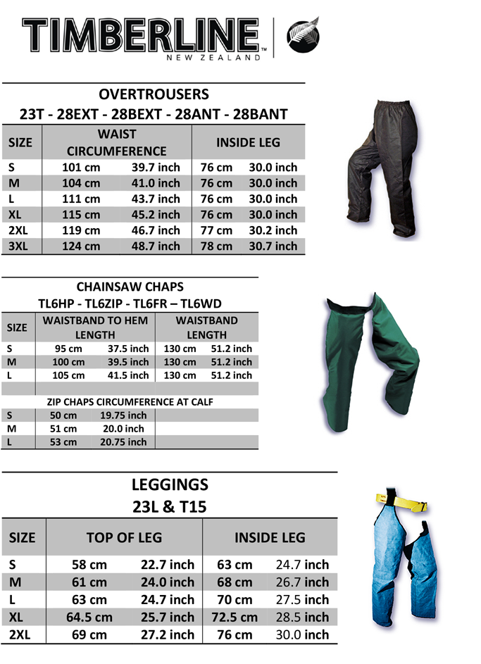Timberline Oilskin Size Charts - Trousers and chaps