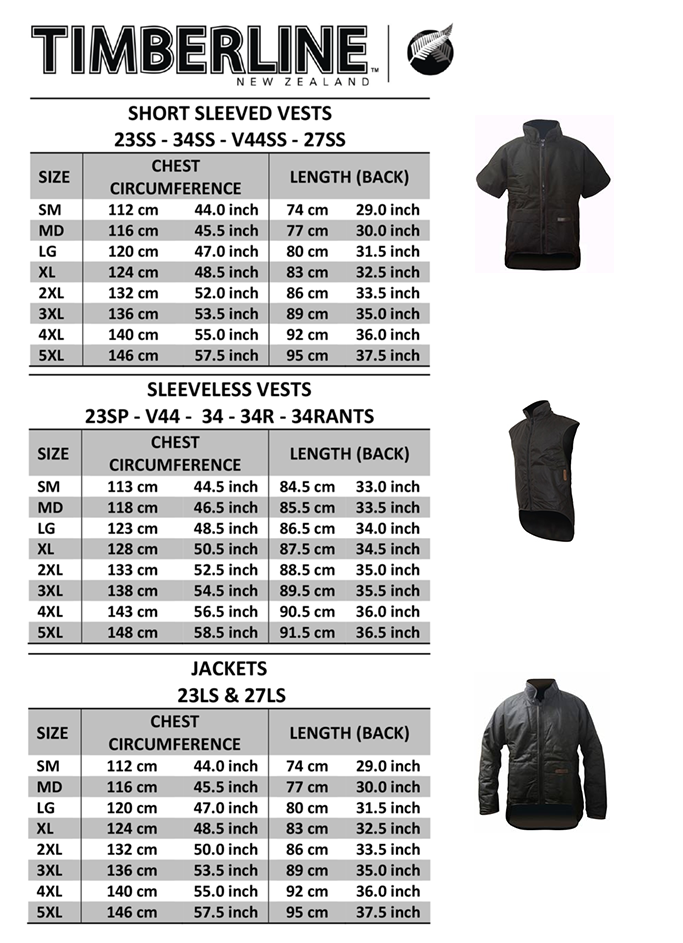 Timberline Oilskin Size Charts - Vests